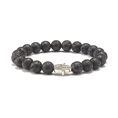 Natural Lava Rock Round Beaded Stretch Bracelet with Hamsa Hand BJEW-JB07693-1