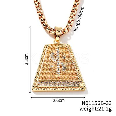 Brass Full Clear Cubic Zirconia Dollar Sign Trapezoid Pendant Box Chain Necklaces IF1636-2-1