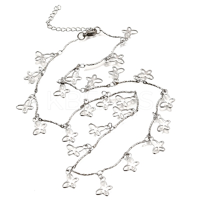 304 Stainless Steel Textured Link Bar Butterfly Charm Tassel Necklaces NJEW-R023-03P-1