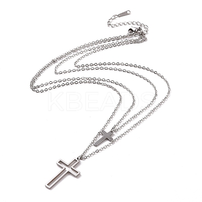 Non-Tarnish 304 Stainless Steel Hollow Out Cross Pendant Double Layer Necklace with Cable Chains for Men Women LS-NJEW-E088-01P-1