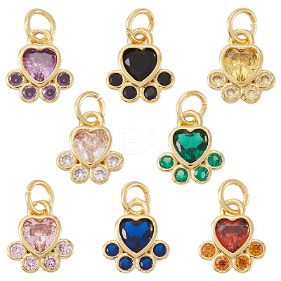 8Pcs 8 Colors Brass Pave Cubic Zirconia Paw Print Charms KK-TA0003-21-1