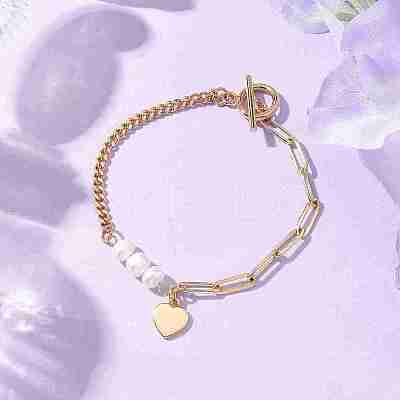 Natural Cultured Freshwater Pearl Beads Paperclip Chains Heart Charm Bracelets with Toggle Clasps for Women BJEW-JB10191-1