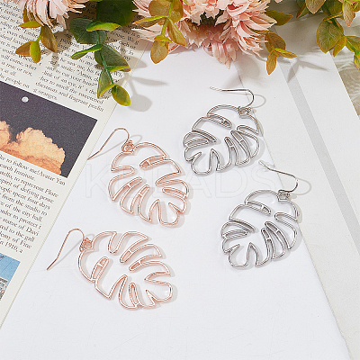 4 Pairs 2 Colors Alloy Hollow Out Monstera Leaf Dangle Earrings for Women EJEW-AN0001-18-1
