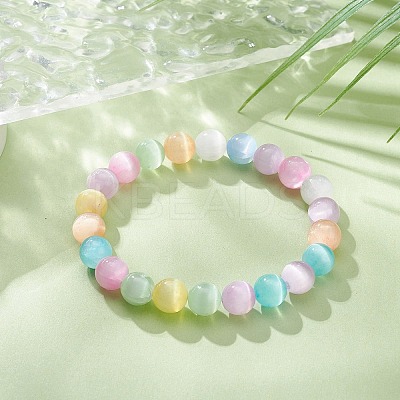 Dyed Natural Selenite Round Beaded Stretch Bracelet BJEW-JB09411-02-1