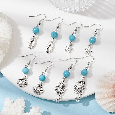 Synthetic Turquoise Beaded Dangle Earrings EJEW-JE05496-1