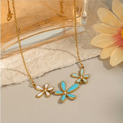 304 Stainless Steel Sky Blue Enamel with Crystal Rhinestone Triple Flower Pendant Necklaces for Women LS-NJEW-G181-01G-1