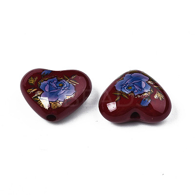 Flower Printed Opaque Acrylic Heart Beads SACR-S305-28-L02-1