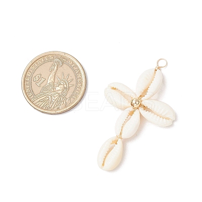 2Pcs 2 Colors Natural Cowrie Shell Beaded Cross Pendants PALLOY-JF03938-1