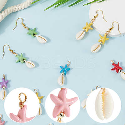 40Pcs Starfish Dyed Synthetic Turquoise & Natural Cowrie Shell Pendants PALLOY-SC0004-41-1