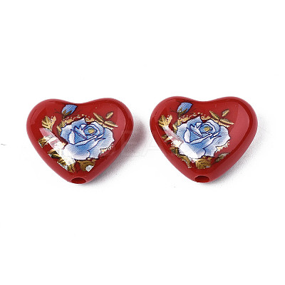 Flower Printed Opaque Acrylic Heart Beads SACR-S305-28-I02-1