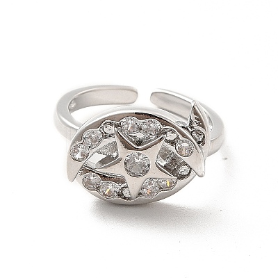 Clear Cubic Zirconia Moon & Star Open Cuff Ring RJEW-C055-03P-1
