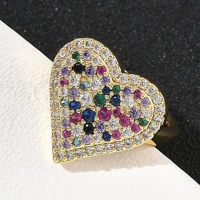 Heart Brass Micro Pave Cubic Zirconia Cuff Rings for Women RJEW-A069-12G-04-1