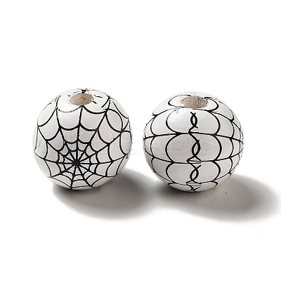 Halloween Printed Spider Webs Colored Wood European Beads WOOD-K007-04G-1