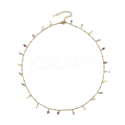 Faceted Round Natural Apatite & Amethyst & Rhodonite & Sunstone & Apatite & Ruby Tassel 304 Stainless Steel Cable Chain Necklaces with Natural Pearl NJEW-JN06470-1