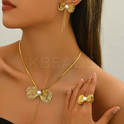 201 Stainless Steel Hollow Bowknot Stud Earrings & Pendant Necklaces & Rings Sets for Women QB7750-1