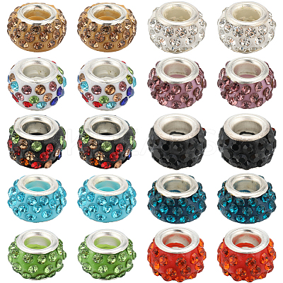 200Pcs 10 Colors Polymer Clay Rhinestone European Large Hole Beads with Silver Plated Brass Cores FPDL-SC0001-01-1