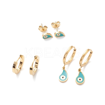 3 Pairs 3 Style Enamel Teardrop with Evil Eye Dangle Hoop Earrings EJEW-B020-18G-1