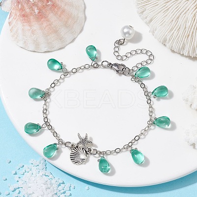 Alloy Starfish Scallop Shell Shape with Glass Teardrop Charm Bracelets BJEW-JB09983-02-1