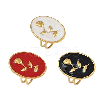 Oval with Rose Pattern 304 Stainless Steel Enamel Finger Rings for Women RJEW-G355-10G-1