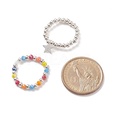 2Pcs 2 Style Glass & Brass Beaded Stretch Finger Rings with Charms for Women RJEW-JR00480-1