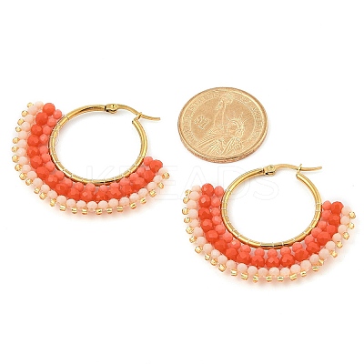 304 Stainless Steel & Bohemian Beaded Fan Hoop Earrings for Women EJEW-R001-01G-04-1