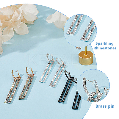 4 Pairs 4 Colors Rhinestone Hollow Rectangle Dangle Hoop Earrings EJEW-FI0002-67-1