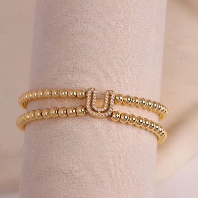 Brass Micro Pave Clear Cubic Zirconia Beads Double Strands Stretch Bracelets for Women FS-WGC7159-21-1