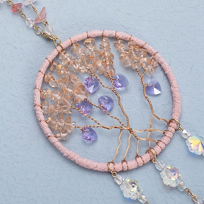Natural Rose Quartz Chips Flat Round with Tree of Life Pendant Decorations LS-TREE-PW0003-16-1