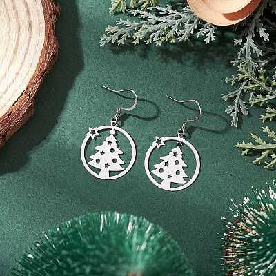 Ring with Christmas Tree 201 Stainless Steel Dangle Earrings EJEW-JE06578-1
