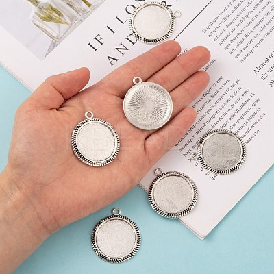 Tibetan Style Alloy Flat Round Pendant Cabochon Settings X-TIBEP-M022-54AS-1