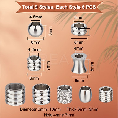 54Pcs 9 Style 201 & 304 Stainless Steel Beads STAS-UN0048-89-1
