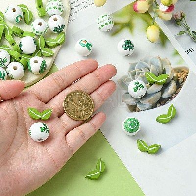 40Pcs 4 Styles Saint Patrick's Day Theme Spray Painted Natural Wood Beads WOOD-FS0001-13-1