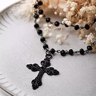 Halloween Alloy & Acrylic Round Beads Link Chain Cross Pendant Double Layer Necklaces for Women NJEW-K294-02EB-1