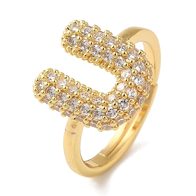 Rack Plating Letter Brass Micro Pave Clear Cubic Zirconia Adjustable Rings for Women KK-S391-03G-U-1