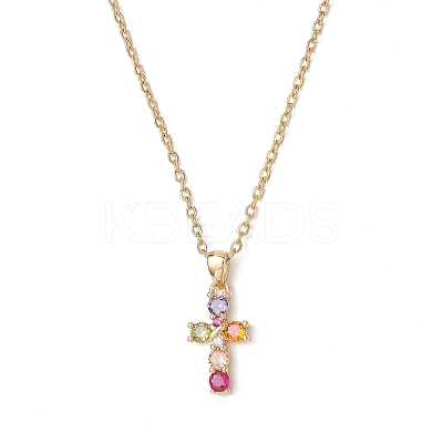 Brass Pave Colorful Cubic Zirconia Cross Pendant 304 Stainless Steel Cable Chain Necklaces for Women NJEW-JN05358-1