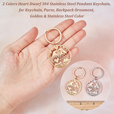 2Pcs 2 Colors Heart Gnome 304 Stainless Steel Pendant Keychain KEYC-UN0001-14-1