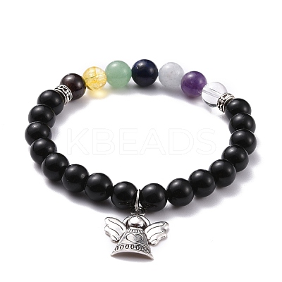Natural Obsidian & Mixed Stone Round Beads Stretch Bracelet BJEW-JB07060-1