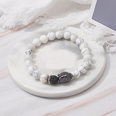 Natural Howlite & Lava Rock Round Beads Energy Power Stretch Bracelet for Men Women BJEW-JB07037-02-1