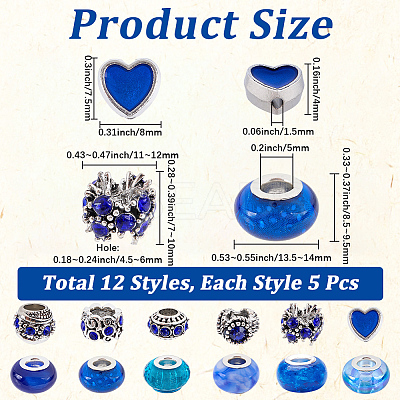 60Pcs 12 Styles Alloy Rhinestone/Enamel European Beads & Resin European Beads Kits DIY-PA0001-06A-1
