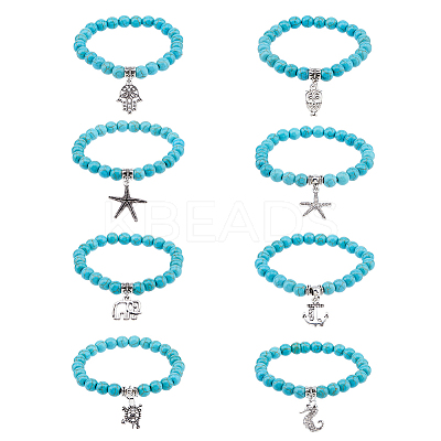 8Pcs 8 Style Synthetic Turquoise Round Beaded Stretch Bracelets Set with Alloy Charms BJEW-FI0001-83-1