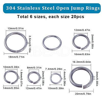 120Pcs 6 Styles 304 Stainless Steel Open Jump Rings STAS-SC0006-13-1