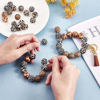 60 Pcs 15mm Silicone Beads Loose Silicone Beads Kit Leopard Print Silicone Beads for Keychain Making Bracelet Necklace JX309A-1