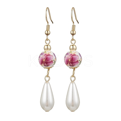 Round with Flower Pattern Porcelain Ceramic Dangle Earrings EJEW-JE06347-04-1