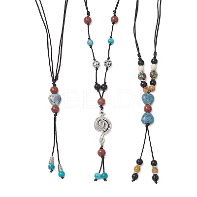3Pcs 3 Styles Retro Glass & Porcelain & Alloy Snake Adjustable Nylon Cord Y Necklaces for Women NJEW-JN05360-1