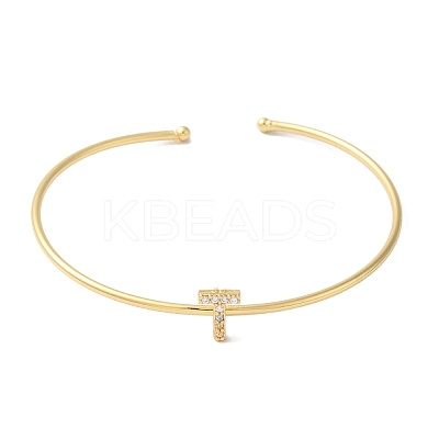 Rack Plating Brass Micro Pave Clear Cubic Zirconia Letter Open Cuff Bangles BJEW-A018-01G-T-1