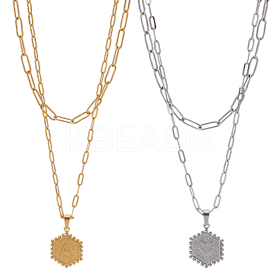 4Pcs 4 Style Stainless Steel Hexagon with Initial Letter A Pendant Necklaces Set NJEW-AN0001-08-1