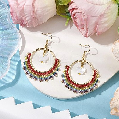 Butterfly & Ring Freshwater Shell & Glass Seed Beads Dangle Earrings EJEW-MZ00163-1