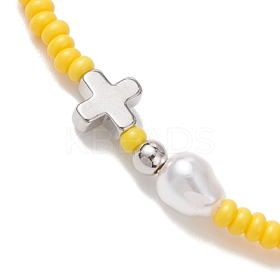 5Pcs Glass Seed Bead Stretch Bracelets with Brass Cross & Imitation Pearl BJEW-MZ00300-1