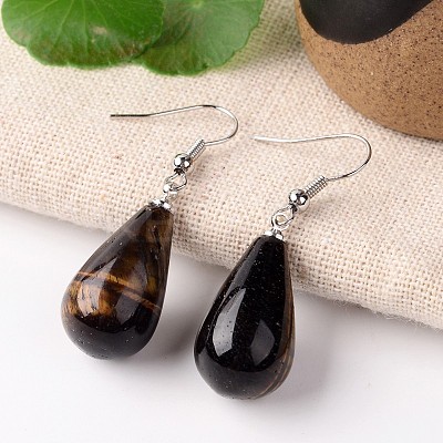 Natural Tiger Eye Teardrop Dangle Earrings EJEW-J086-05-1