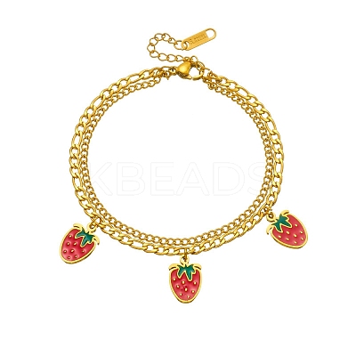 304 Stainless Steel Enamel Red Strawberry Charm 2-Strand Bracelets for Women WG018B1-01-1
